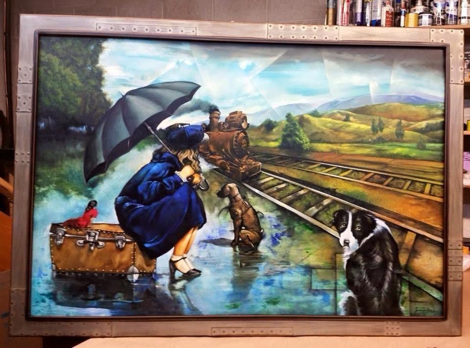 A woman with an umbrella and her dog sit together on a train in this colorful painting