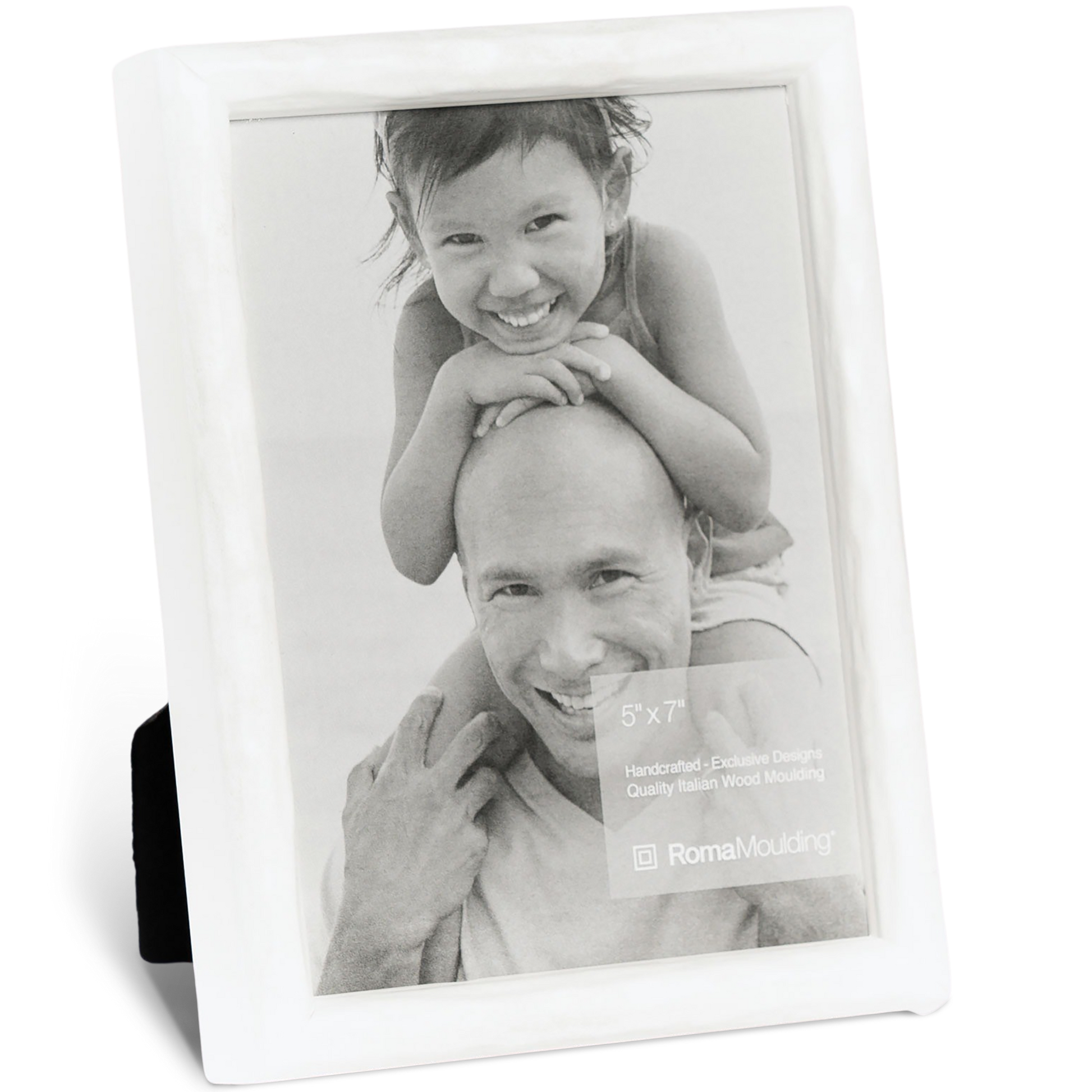 Black and white photo of a smiling man with a child on his shoulders, inside a white frame. The child grins playfully, conveying joy and warmth.