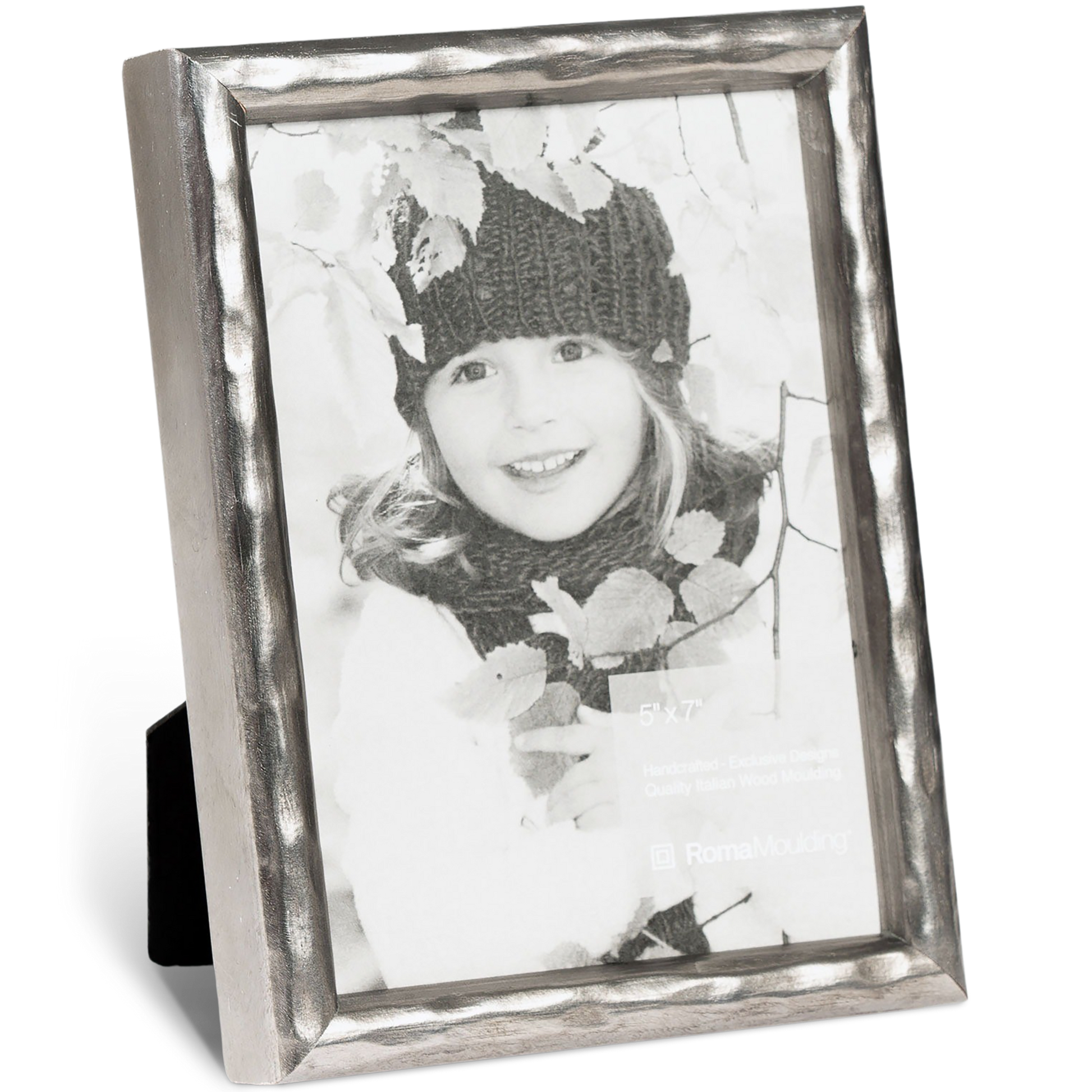 Black and white photo of a smiling child in a knitted hat and scarf, framed in a textured silver frame, expressing warmth and joy, size 5x7 inches.