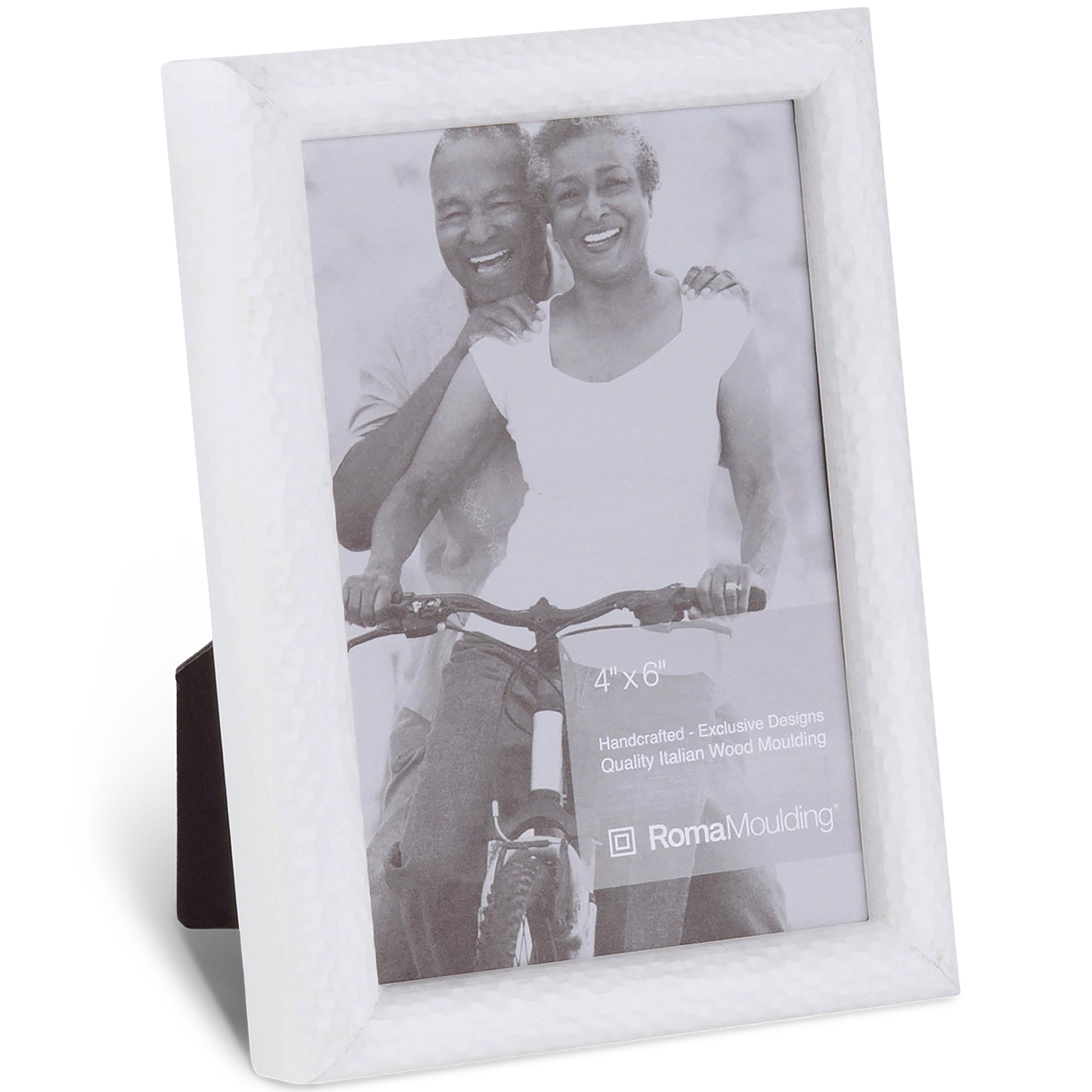 Silver photo frame with a textured edge, holding a black and white image of a smiling couple on a bicycle. The label reads "4x6 handcrafted."