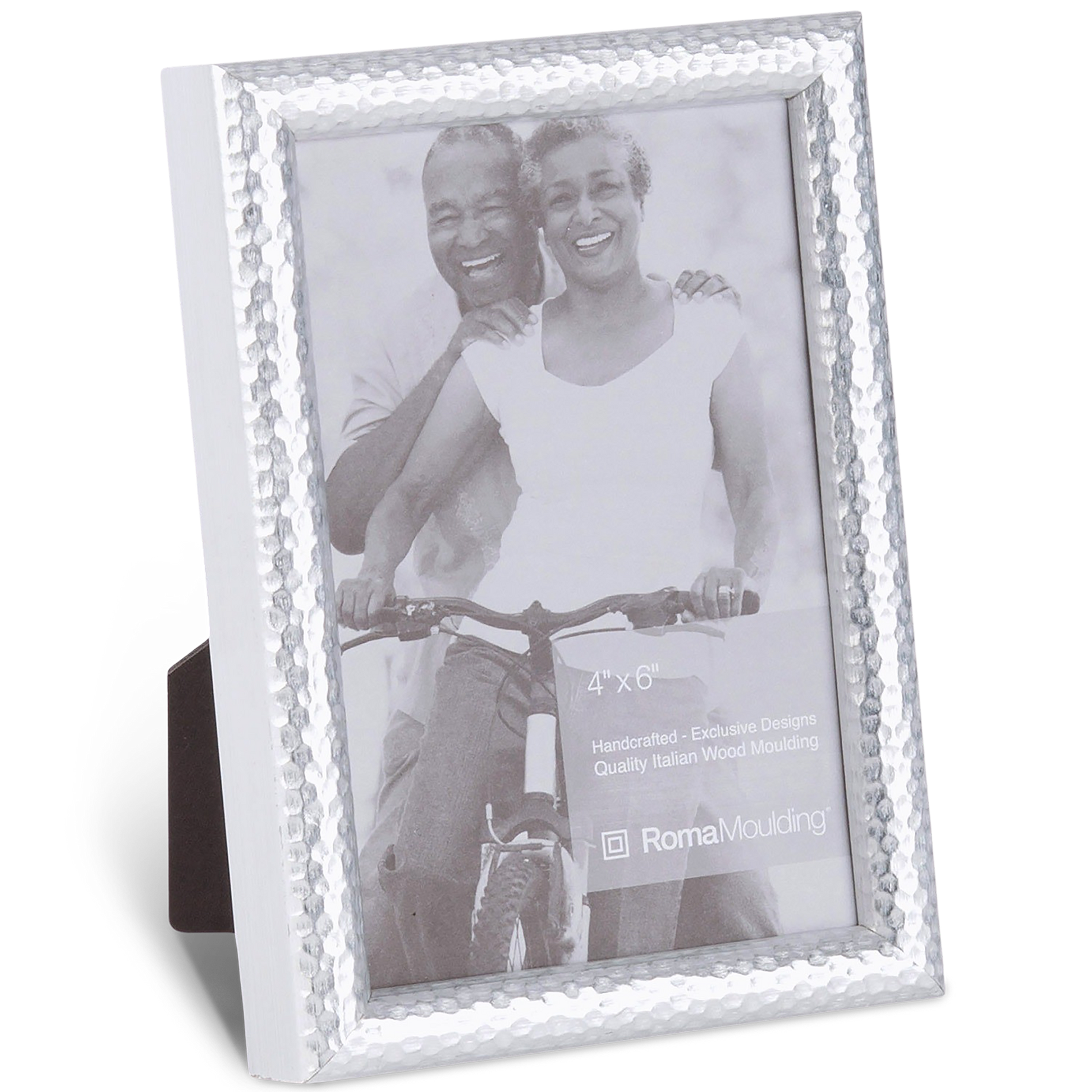 Silver picture frame with hammered texture holds a black-and-white photo of a smiling couple on a bicycle. Frame size is 4x6 inches.
