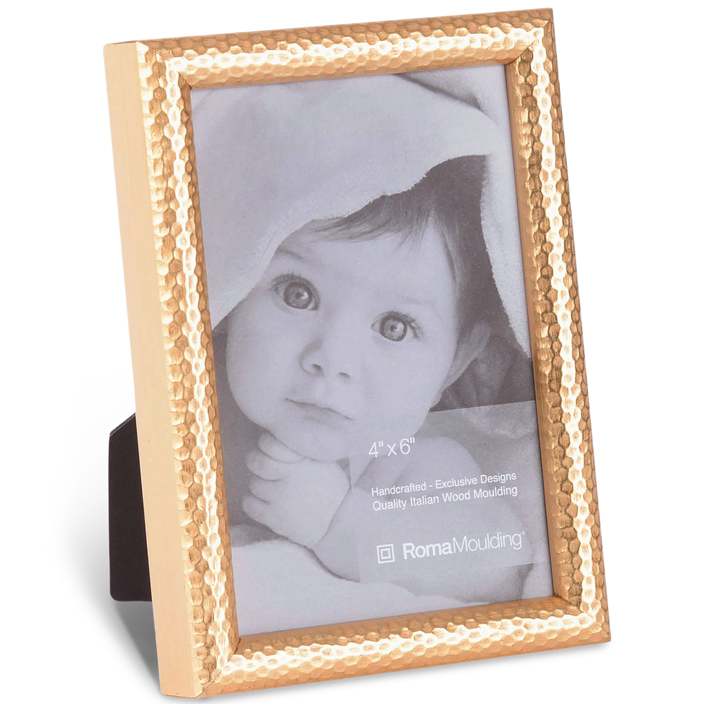 A bronze-colored, textured photo frame stands upright, displaying a black-and-white photo of an infant wrapped in a soft blanket, exuding warmth and innocence.