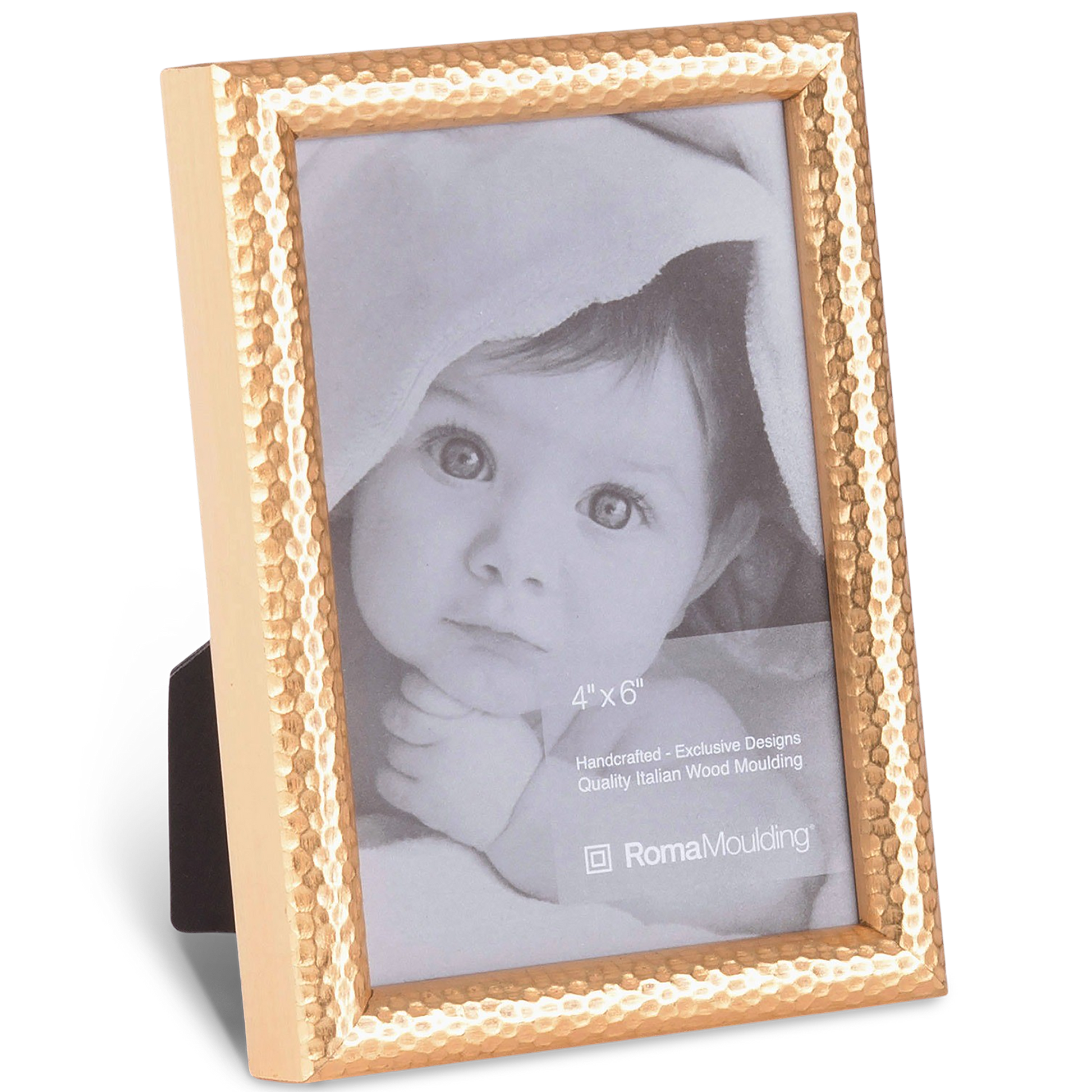 A bronze-colored, textured photo frame stands upright, displaying a black-and-white photo of an infant wrapped in a soft blanket, exuding warmth and innocence.