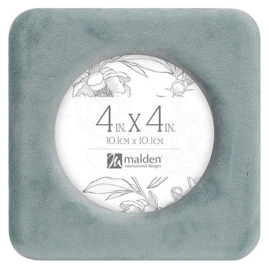 Gray picture frame with a circular white label displaying dimensions and brand name.