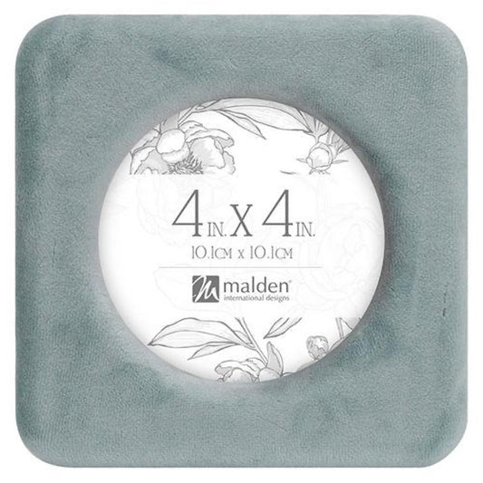 Gray picture frame with a circular white label displaying dimensions and brand name.