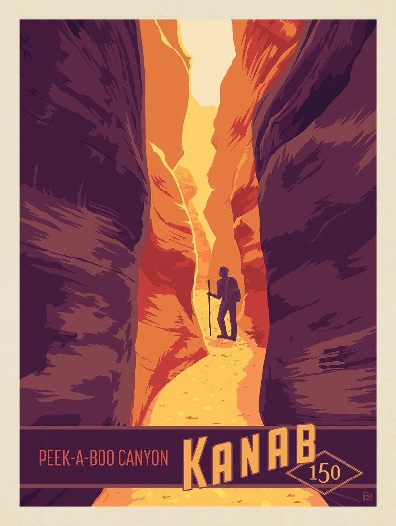 Illustrated poster of Peek-A-Boo Canyon in Kanab, showing a lone hiker with a walking stick between towering orange canyon walls under soft light.