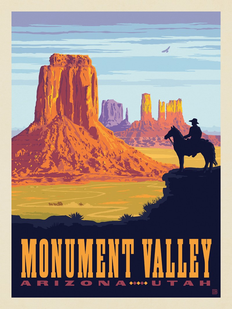 Silhouette of a horse and rider facing colorful sandstone buttes under a vibrant sky in Monument Valley. Text reads "Monument Valley, Arizona...Utah."