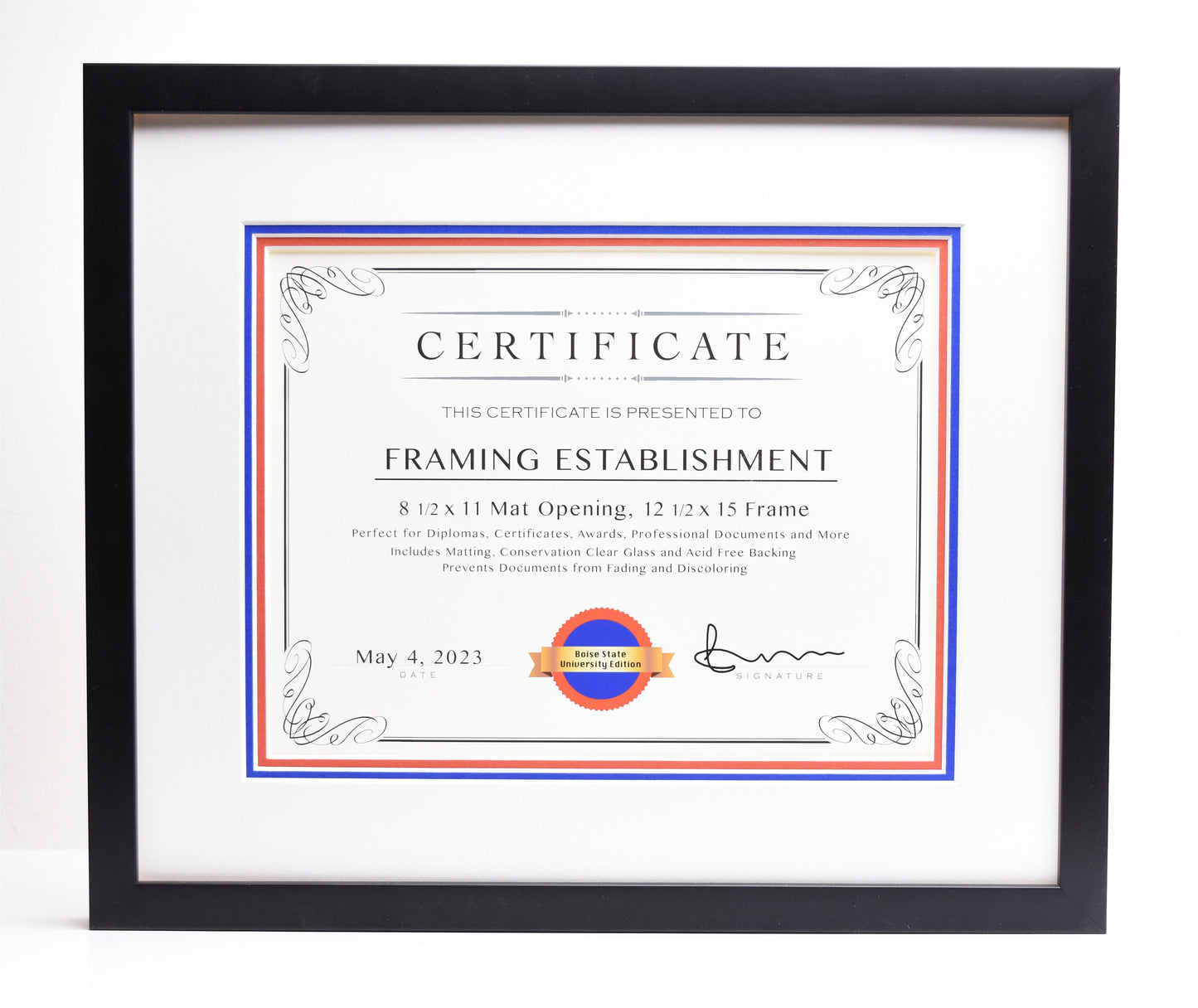 Framed certificate with ornate borders reading "Framing Establishment" dated May 4, 2023. Includes decorative seal and signature at the bottom.
