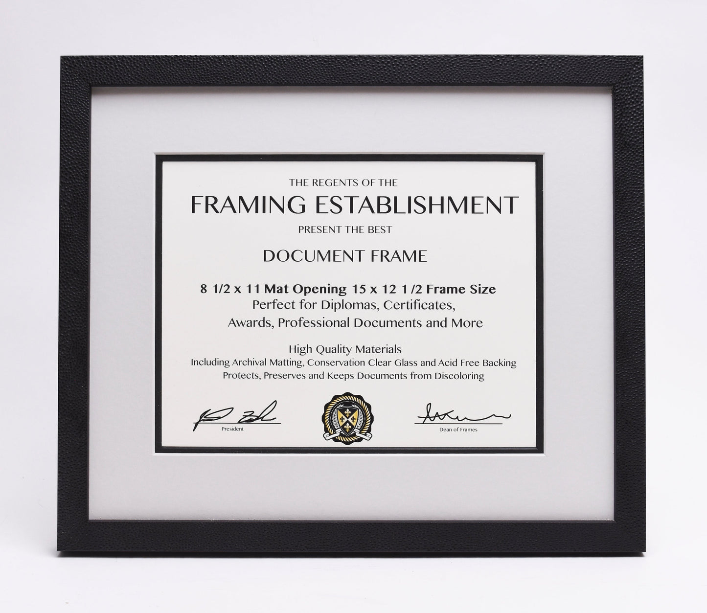 Black-framed document displaying "Framing Establishment" text, suitable for diplomas and awards. Emphasizes quality materials and protective features.