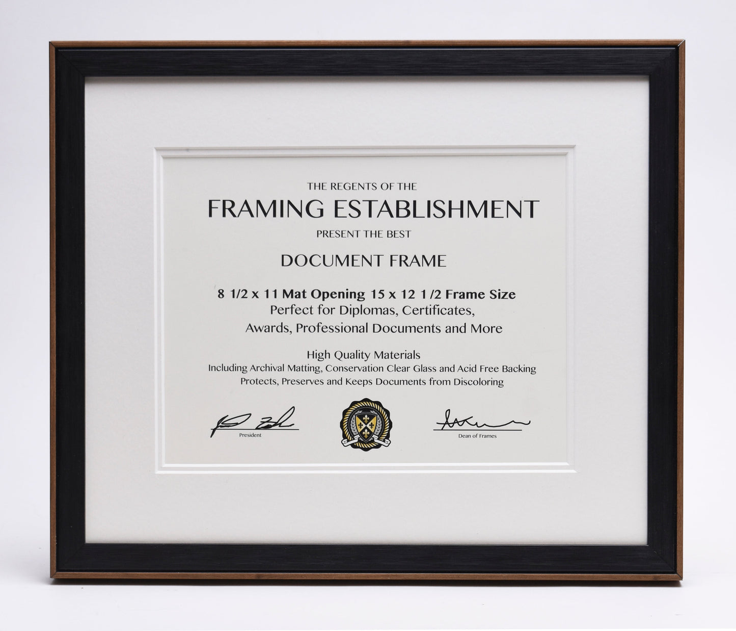 Framed document frame certificate, text advertising quality materials for diplomas and awards. Features a black wooden frame and decorative seal.