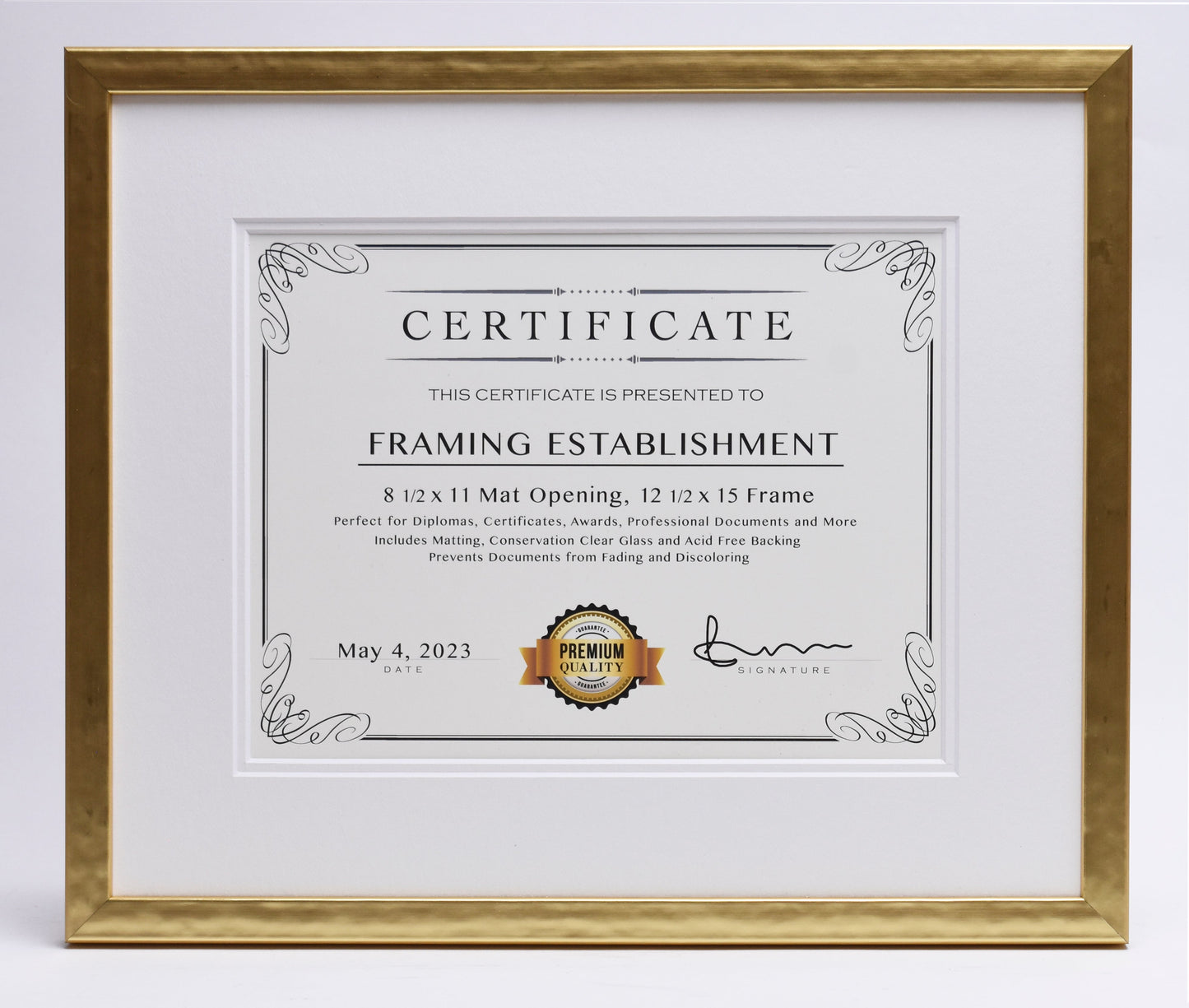 A certificate in a gold frame with decorative corners, titled "Framing Establishment." Includes a premium quality seal, date May 4, 2023, and a signature.