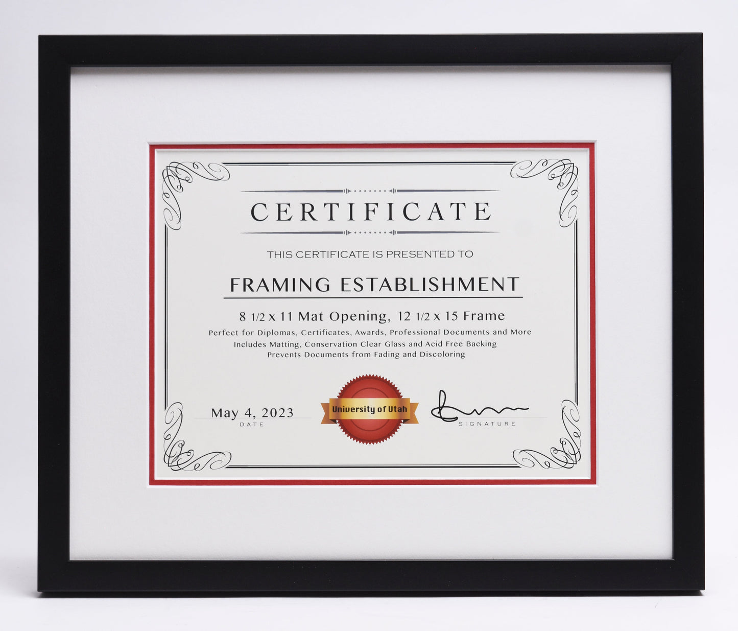 Framed certificate for "Framing Establishment" with decorative border. Includes a seal labeled "University of Utah" and a signature. Dated May 4, 2023.