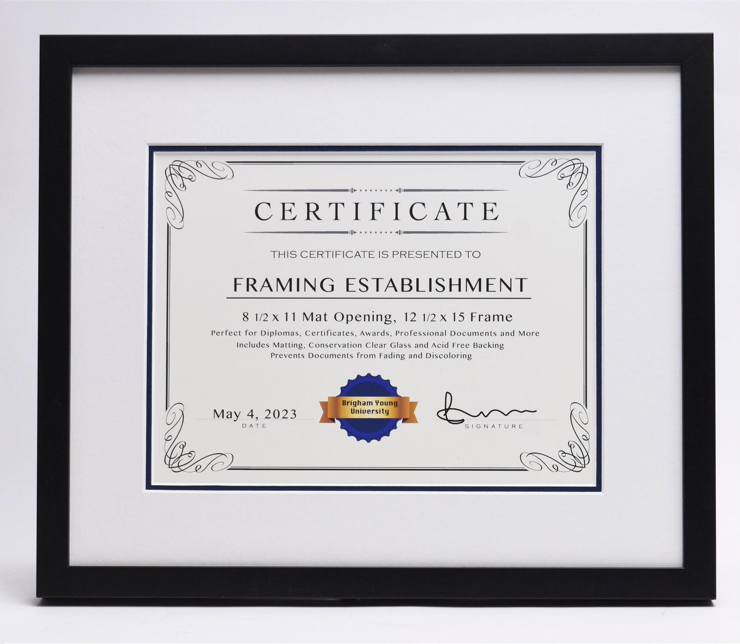 Framed certificate for a framing establishment, dated May 4, 2023. Features decorative borders and a seal labeled "Brigham Young University."
