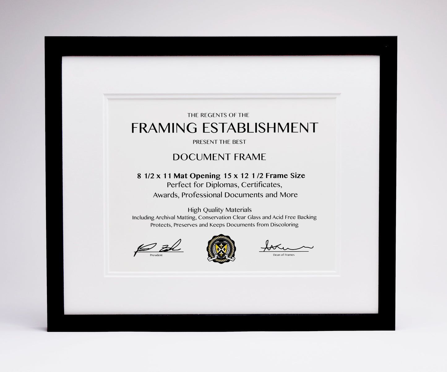 Black-framed certificate for "Framing Establishment" featuring signatures and an emblem, highlighting quality materials for document protection.