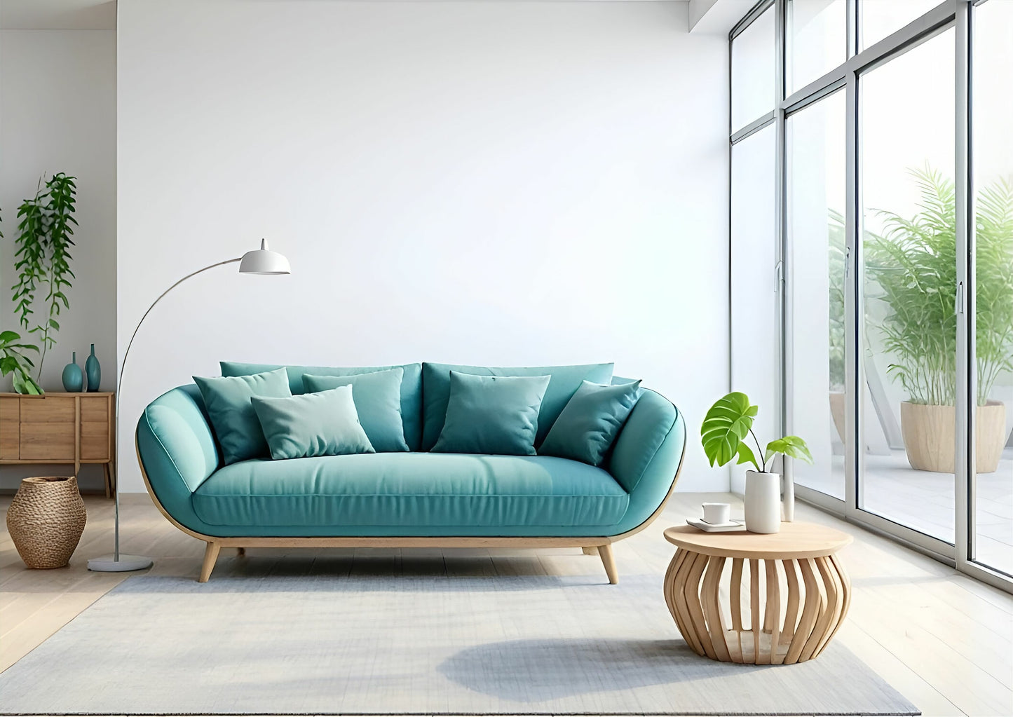 Modern living room with a teal sofa and pillows, a sleek floor lamp, wooden table with plant, floor-to-ceiling windows, and potted greenery. Bright and serene ambiance.