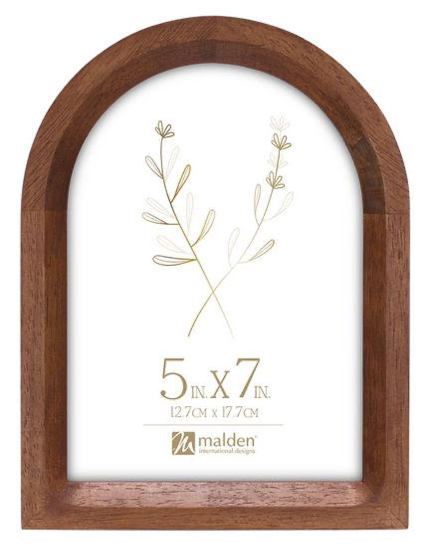 Wooden picture frame with arch top and 'Malden' branding, featuring a floral design on a white background.