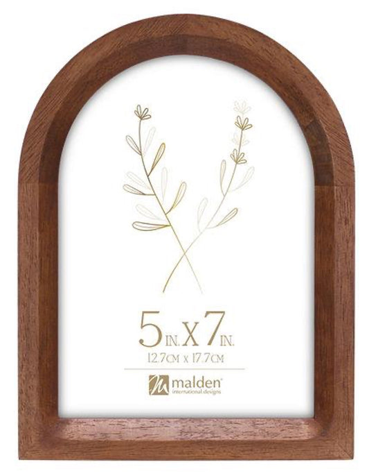 Wooden picture frame with arch top and 'Malden' branding, featuring a floral design on a white background.