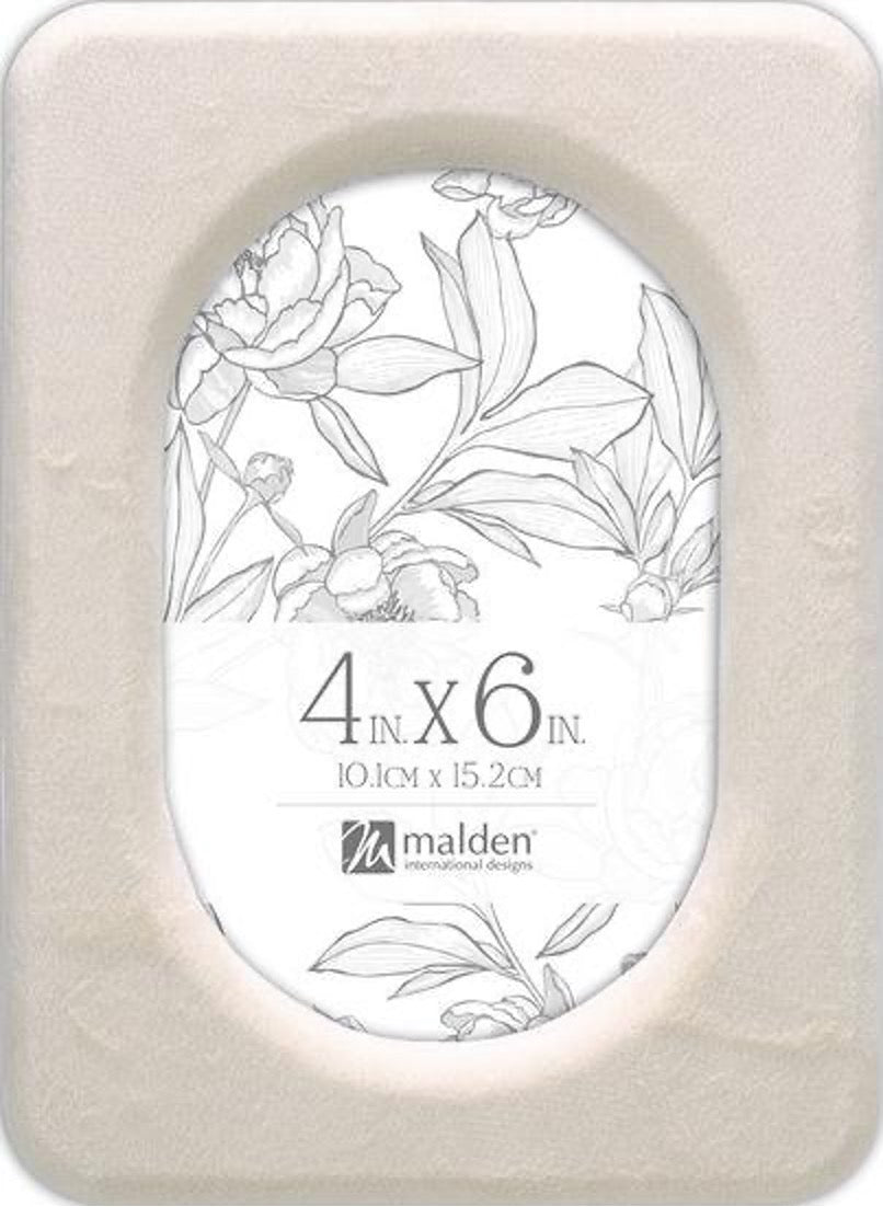 Beige picture frame with floral design and size label on a white background