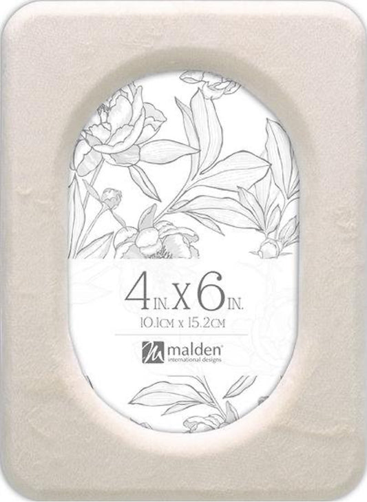 Beige picture frame with floral design and size label on a white background