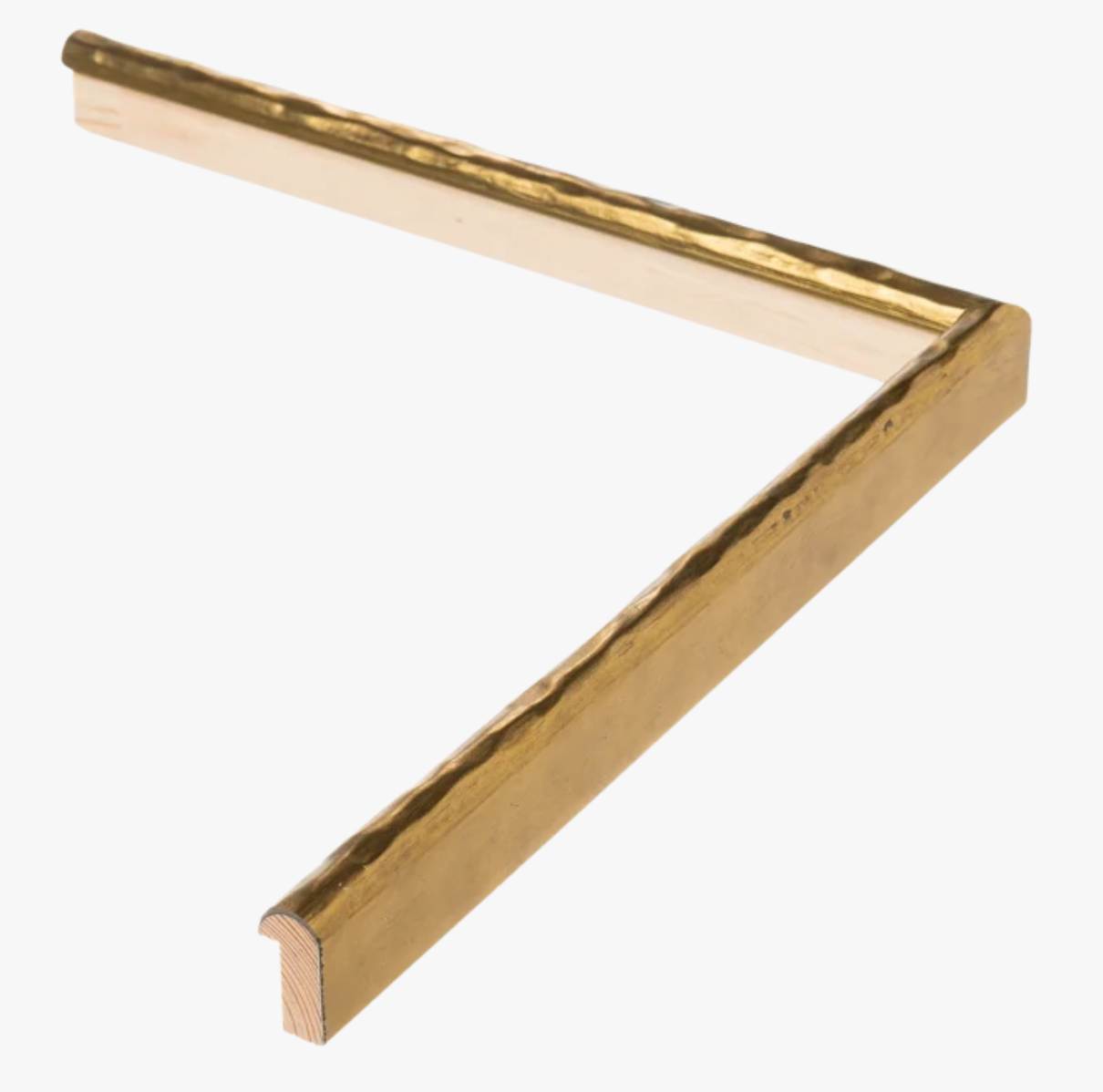 Golden ornate picture frame corner with a hammered texture on a white background. The frame has a shiny finish, emphasizing elegance and sophistication.