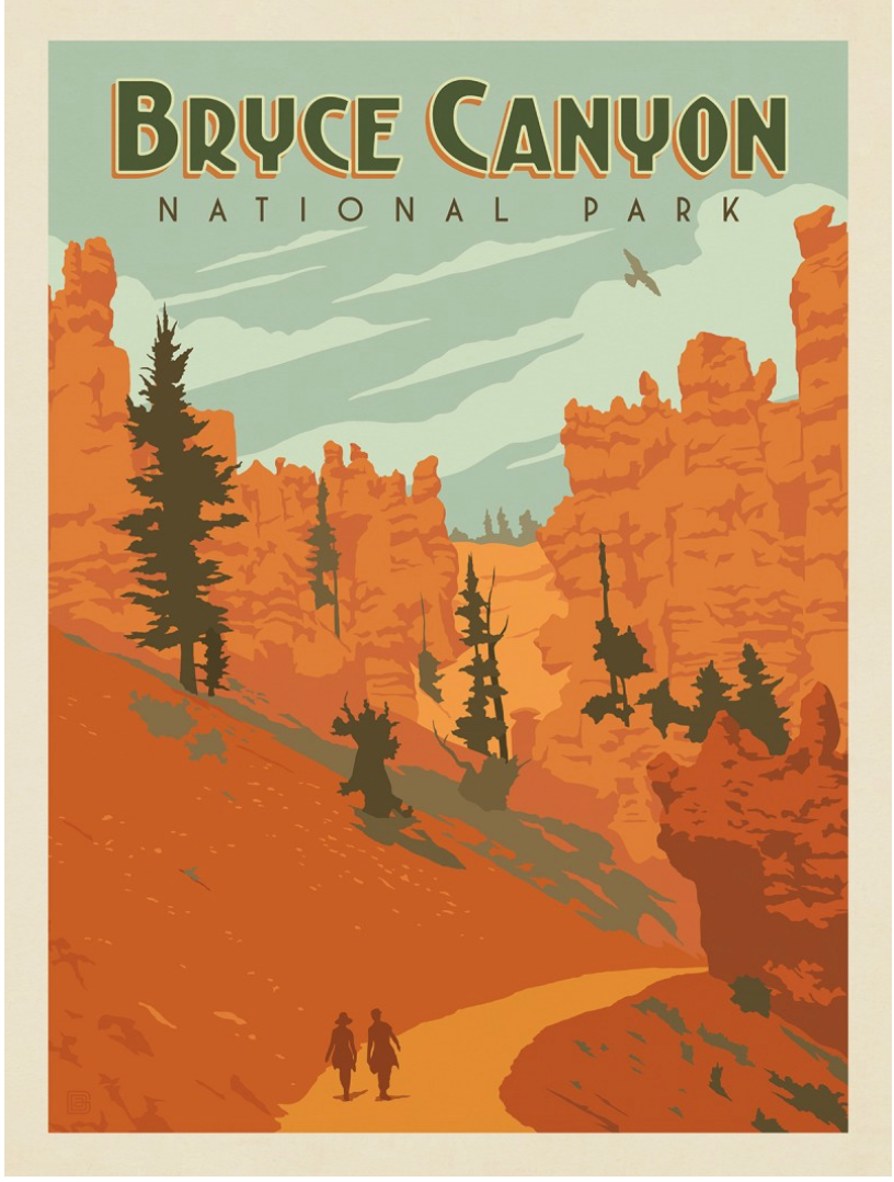Vintage-style poster of Bryce Canyon National Park with two hikers on a winding path, surrounded by orange hoodoos and a soaring bird under a blue sky.