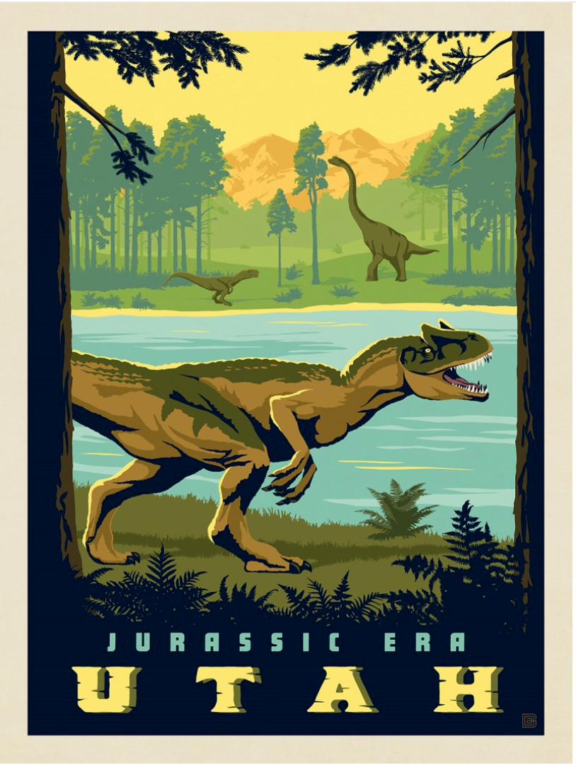 Illustration of dinosaurs by a river in a forest with mountains in the background, labeled "Jurassic Era Utah." Vibrant and prehistoric scene.
