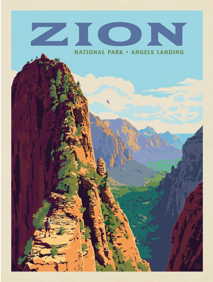Illustration of Zion National Park's Angels Landing. A hiker on a narrow, rugged path, flanked by red cliffs and lush greenery under a blue sky with clouds.