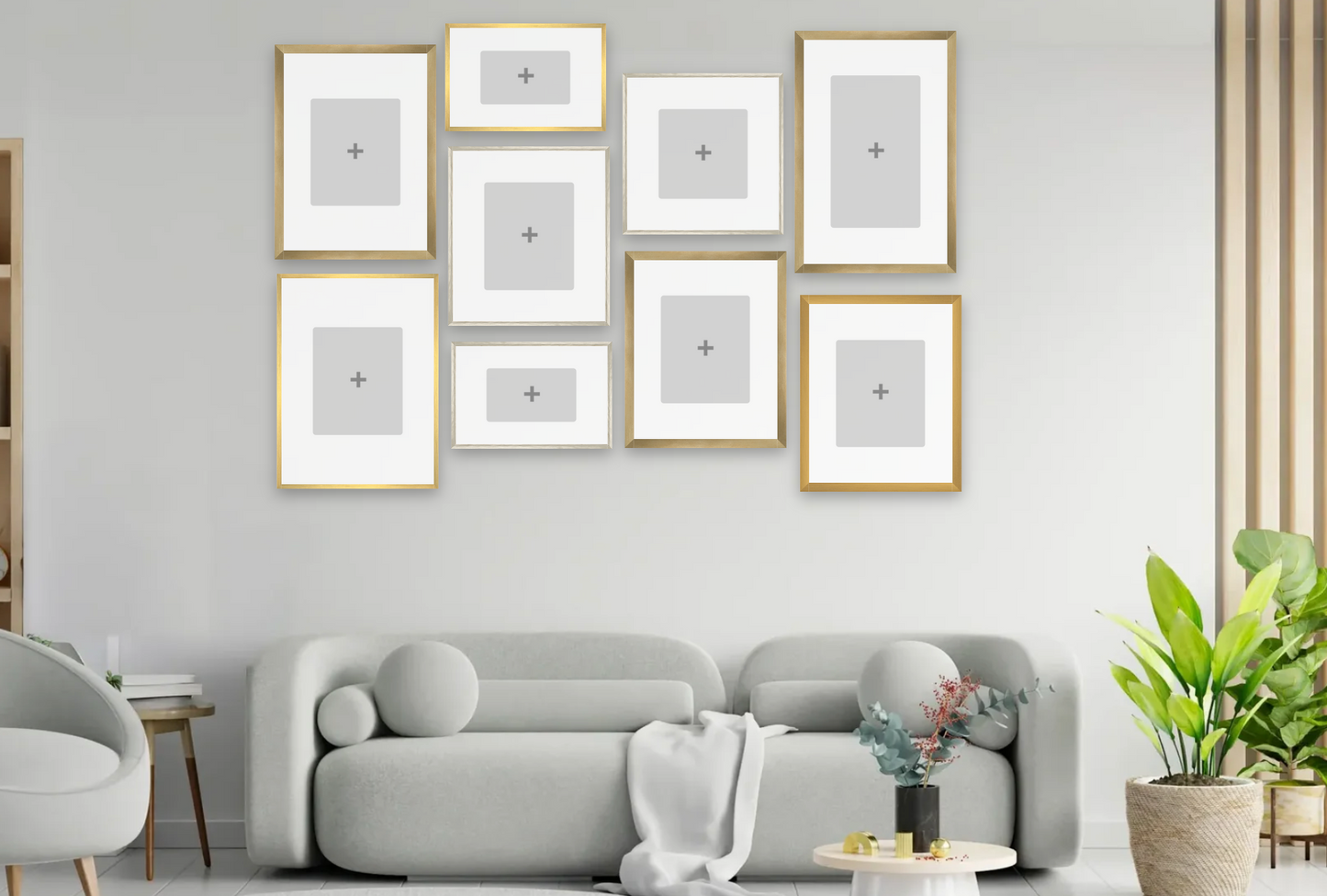 Gray sofa in a living room with framed pictures on the wall