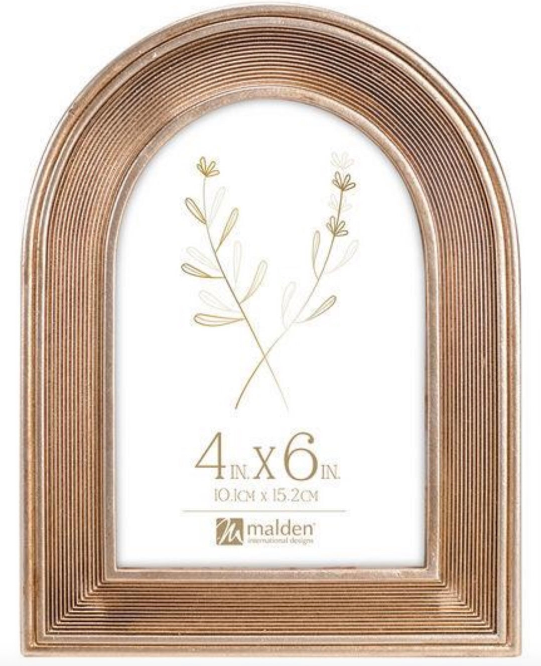 Gold arched picture frame with a plant design and size label on a white background
