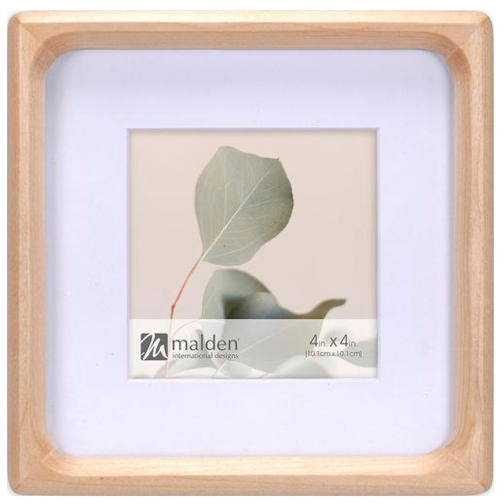 Wooden picture frame with a leaf photo and Malden International Designs label.