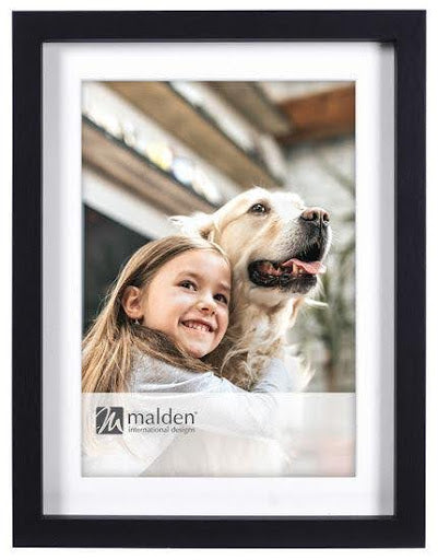 Black picture frame with a photo of a girl and a dog, featuring the Malden International Designs logo.