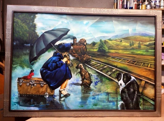 A woman with an umbrella and her dog sit together on a train in this colorful painting