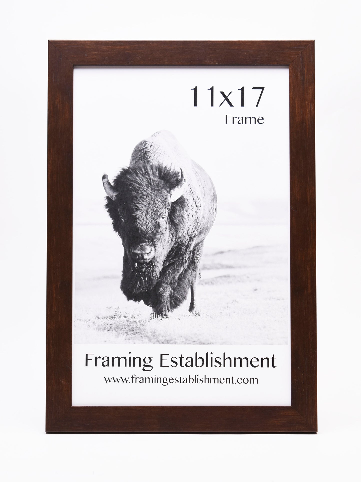 A brown wooden 11x17 frame showcases a monochrome photo of a bison in a snowy landscape. Text below reads "Framing Establishment" with a website link.