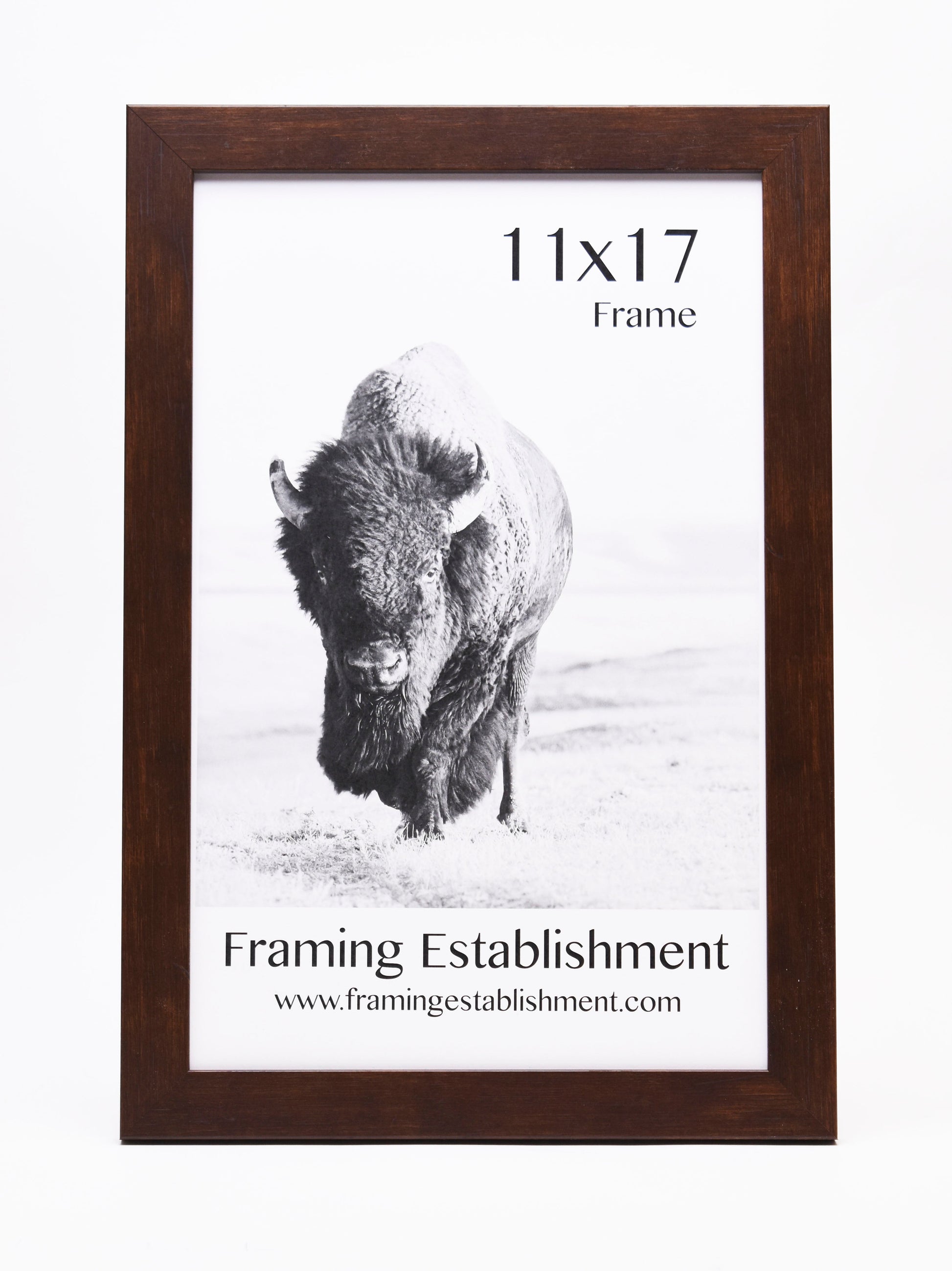 A brown wooden 11x17 frame showcases a monochrome photo of a bison in a snowy landscape. Text below reads "Framing Establishment" with a website link.