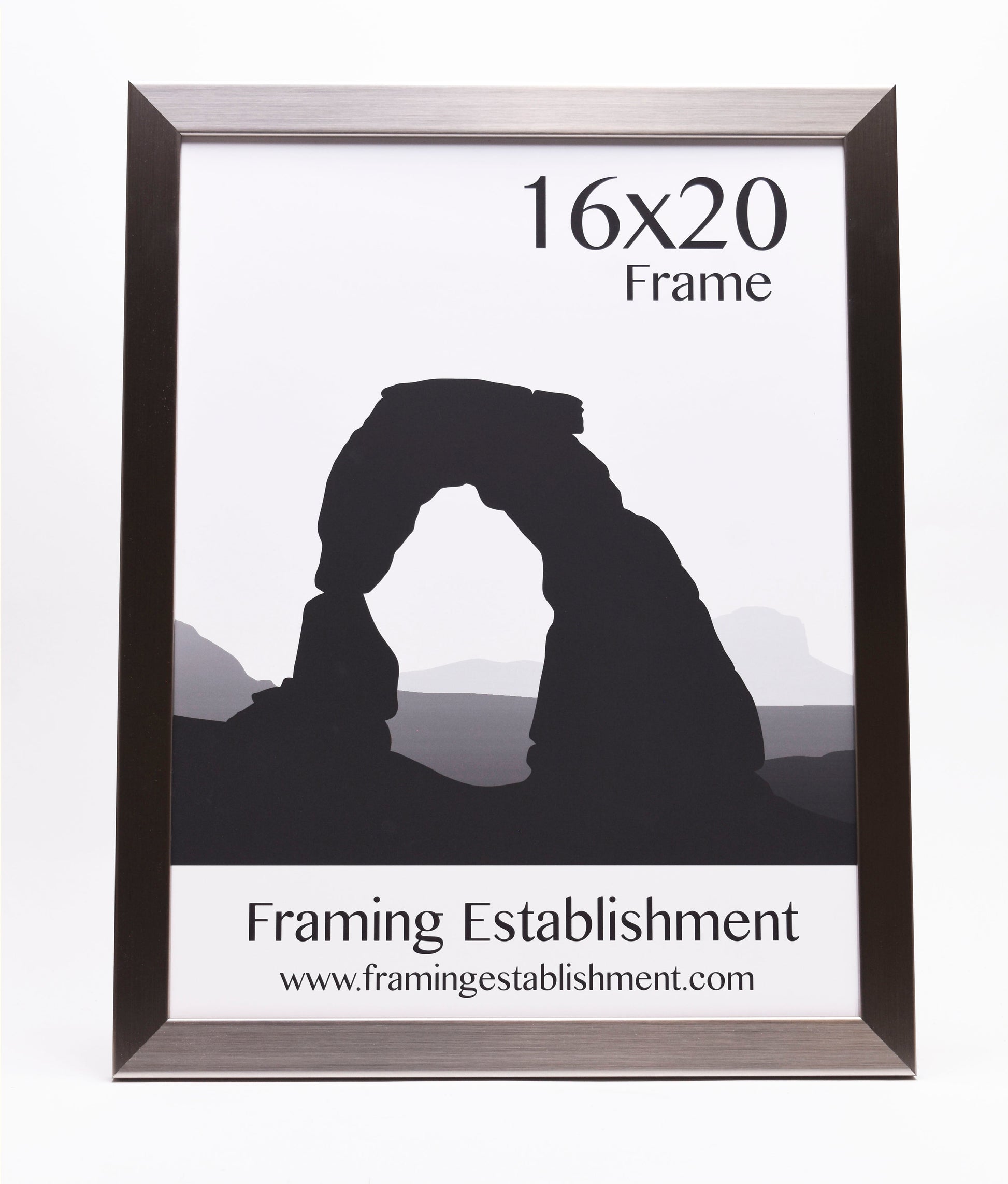 A 16x20 frame displays a black silhouette of a rock arch against a pale background. Text below reads "Framing Establishment" and a website URL.