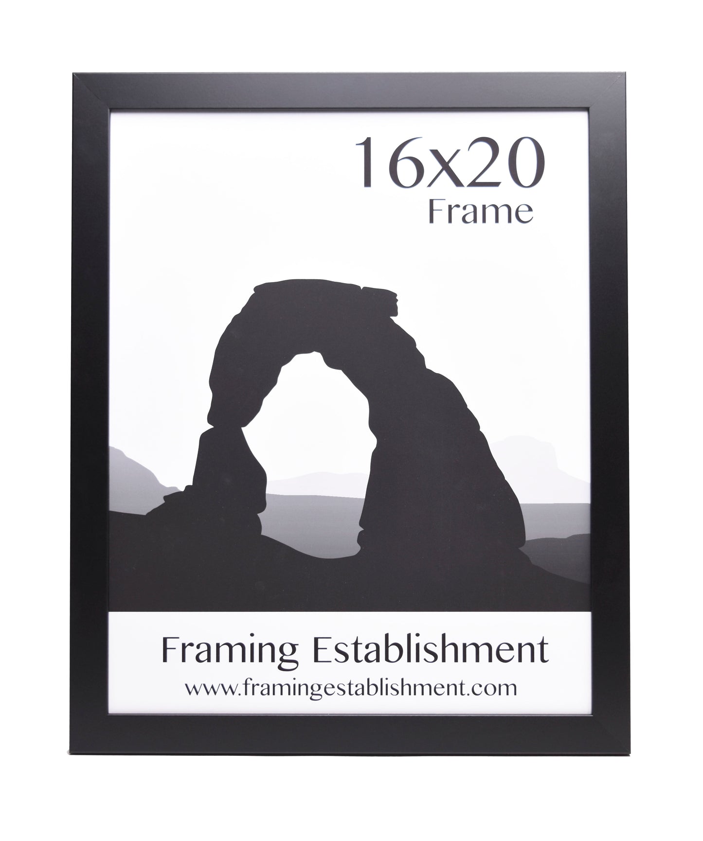 Black 16x20 picture frame with a silhouette of a desert arch formation inside. Text reads "Framing Establishment" and a website URL.