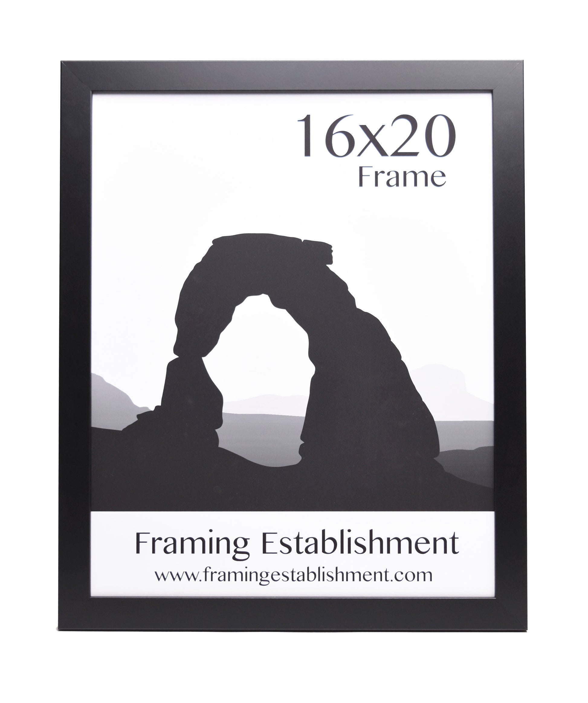Black 16x20 picture frame with a silhouette of a desert arch formation inside. Text reads "Framing Establishment" and a website URL.