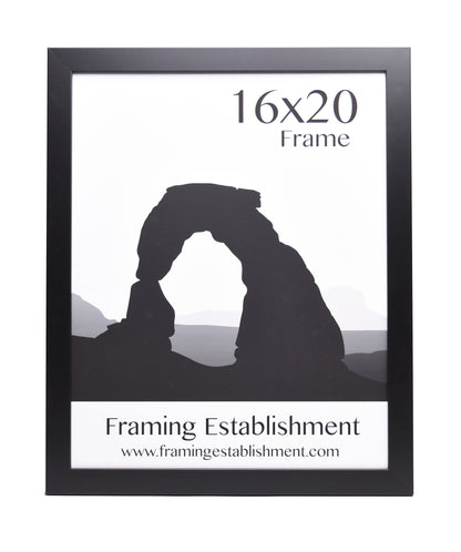 Black 16x20 picture frame with a silhouette of a desert arch formation inside. Text reads "Framing Establishment" and a website URL.