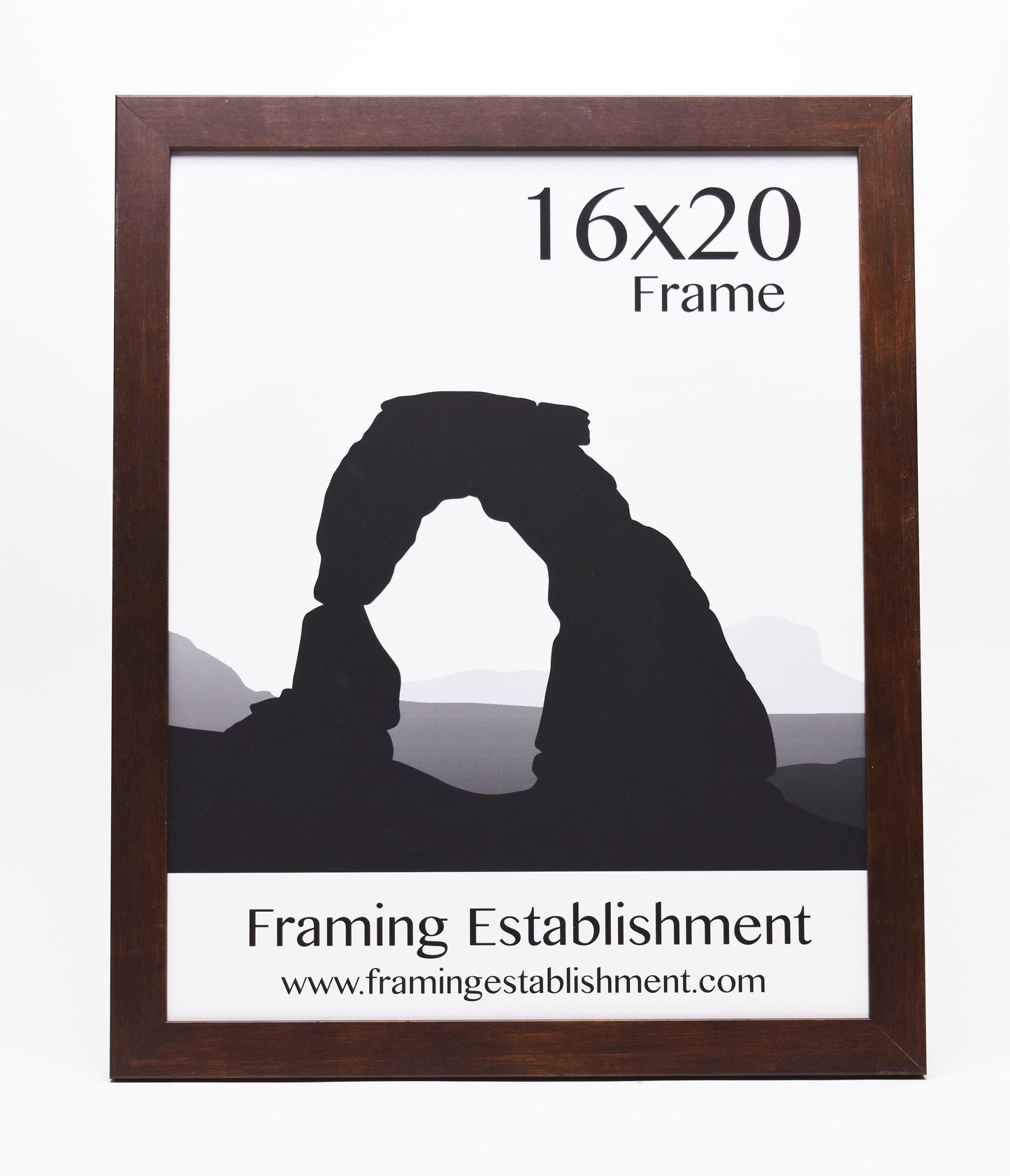A wooden frame surrounds an image of a silhouette of a rock arch. Text reads "16x20 Frame" and "Framing Establishment" with a website link.