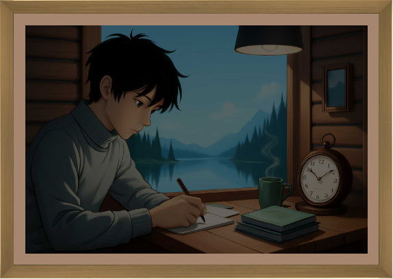 Animated character writing at a desk with a scenic view of a lake and mountains.
