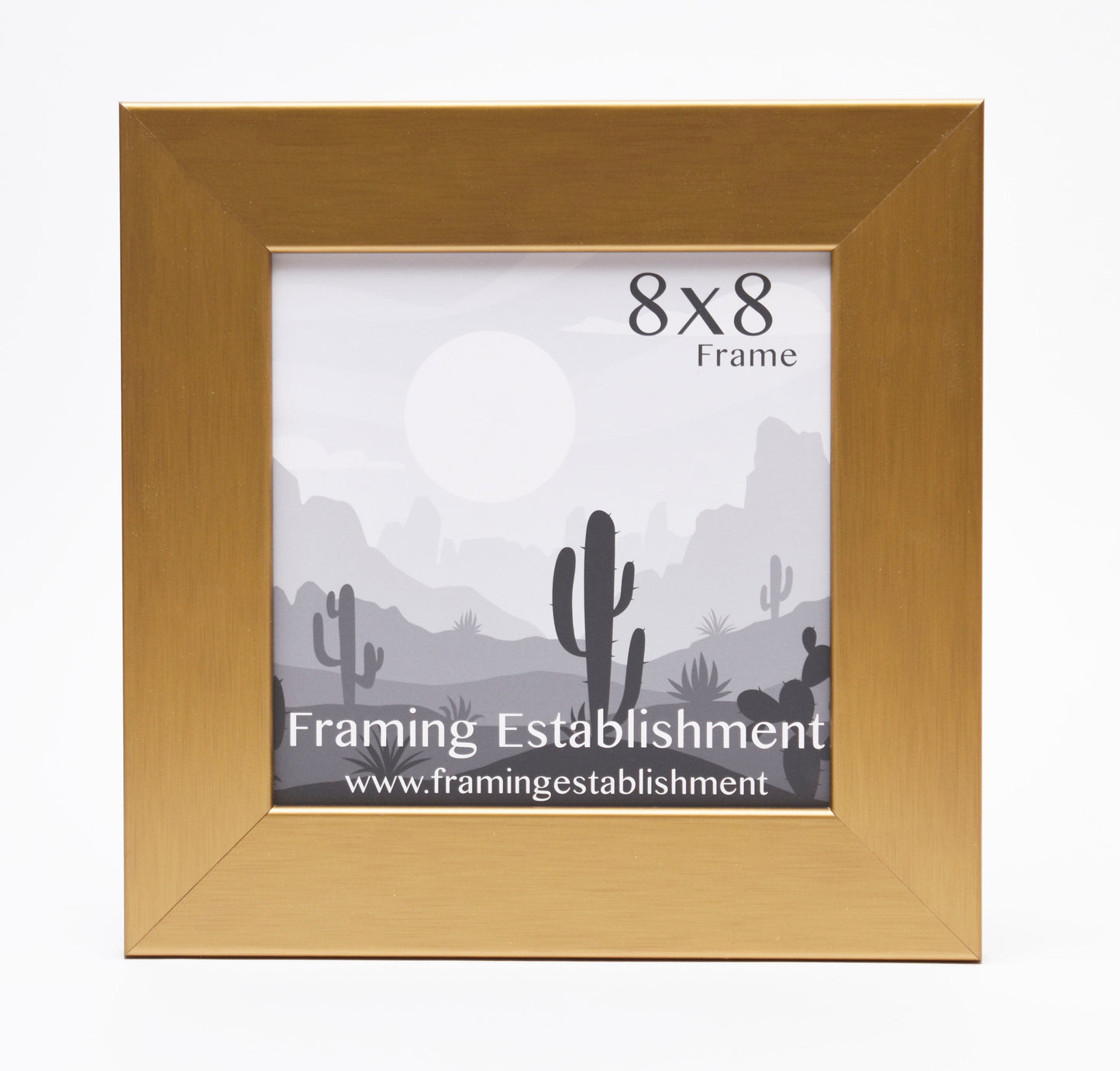 A square, gold picture frame with a placeholder image of a desert landscape featuring cacti and mountains. Text reads "8x8 Frame, Framing Establishment."