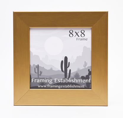 A square, gold picture frame with a placeholder image of a desert landscape featuring cacti and mountains. Text reads "8x8 Frame, Framing Establishment."
