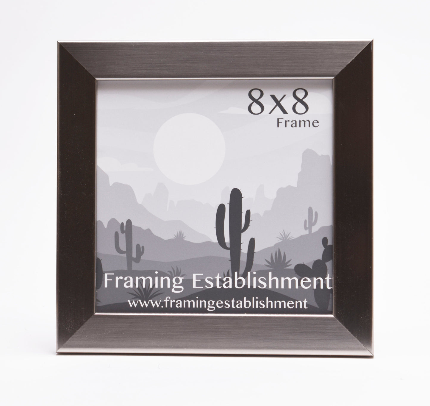 A black 8x8 inch picture frame with a desert scene insert featuring cacti and a sun. Text reads "Framing Establishment" and website below. Clean and minimalistic design.