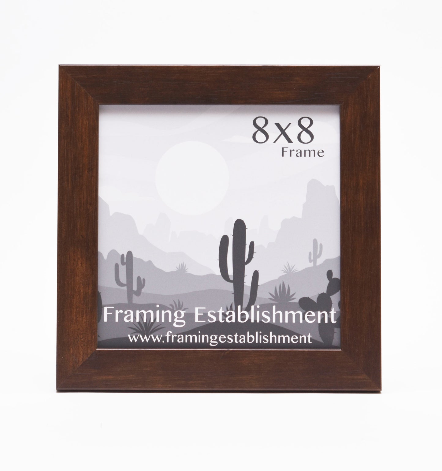 Square, wooden picture frame with a desert scene. The text reads "8x8 Frame" and "Framing Establishment, www.framingestablishment.com." 
