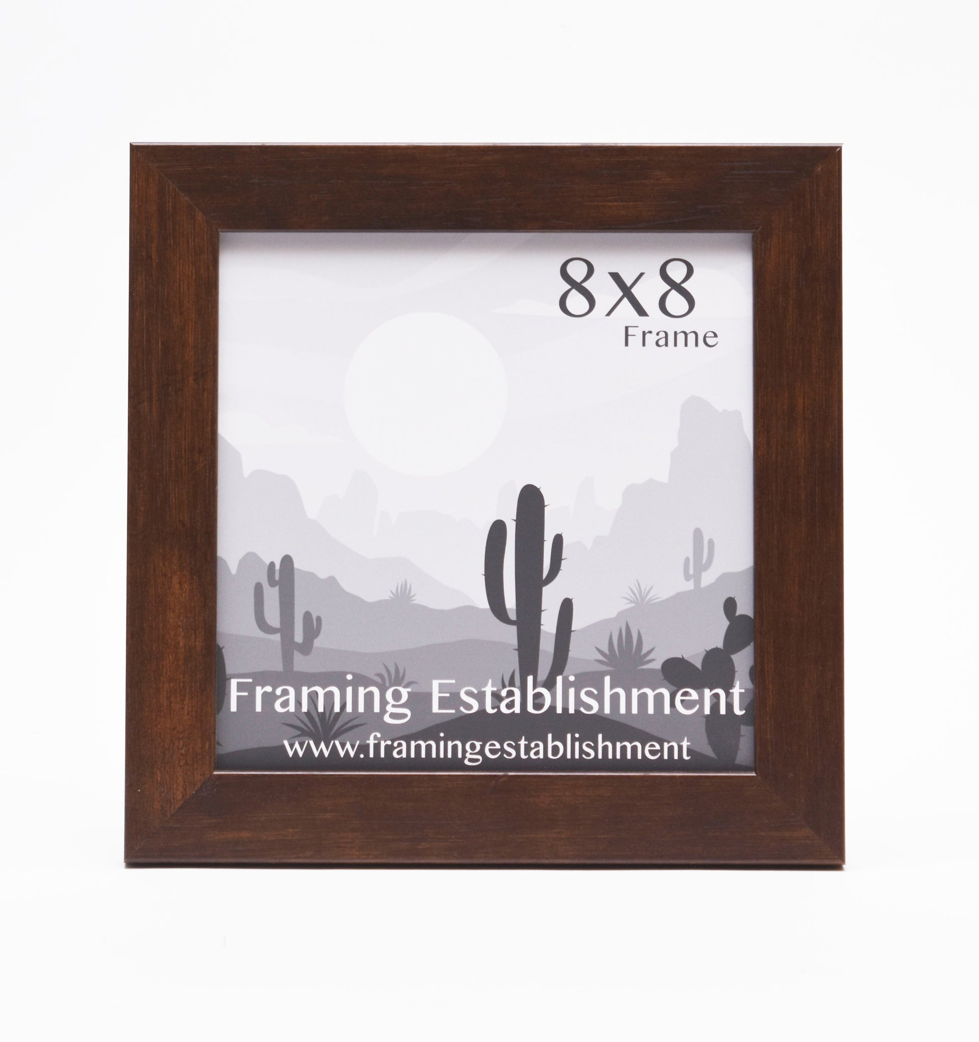 Square, wooden picture frame with a desert scene. The text reads "8x8 Frame" and "Framing Establishment, www.framingestablishment.com." 