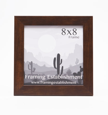 Square, wooden picture frame with a desert scene. The text reads "8x8 Frame" and "Framing Establishment, www.framingestablishment.com." 