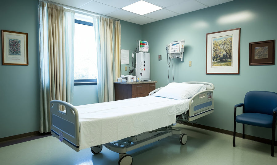 A clean, empty hospital room with a neatly made bed, teal walls, and art on the walls. Bright lighting and a calm, sterile atmosphere.