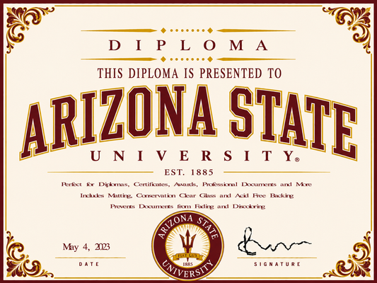 Arizona State University diploma cover with decorative elements and text.