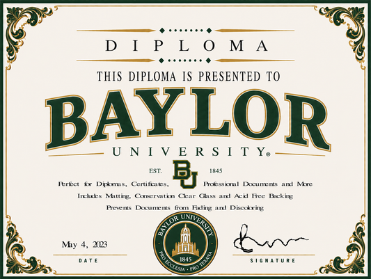 A diploma from Baylor University with ornate green and gold borders. The words "Baylor University" are prominently displayed, dated May 4, 2023.