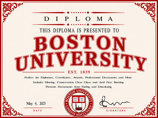 Diploma cover with 'Boston University' text and logo on a white background